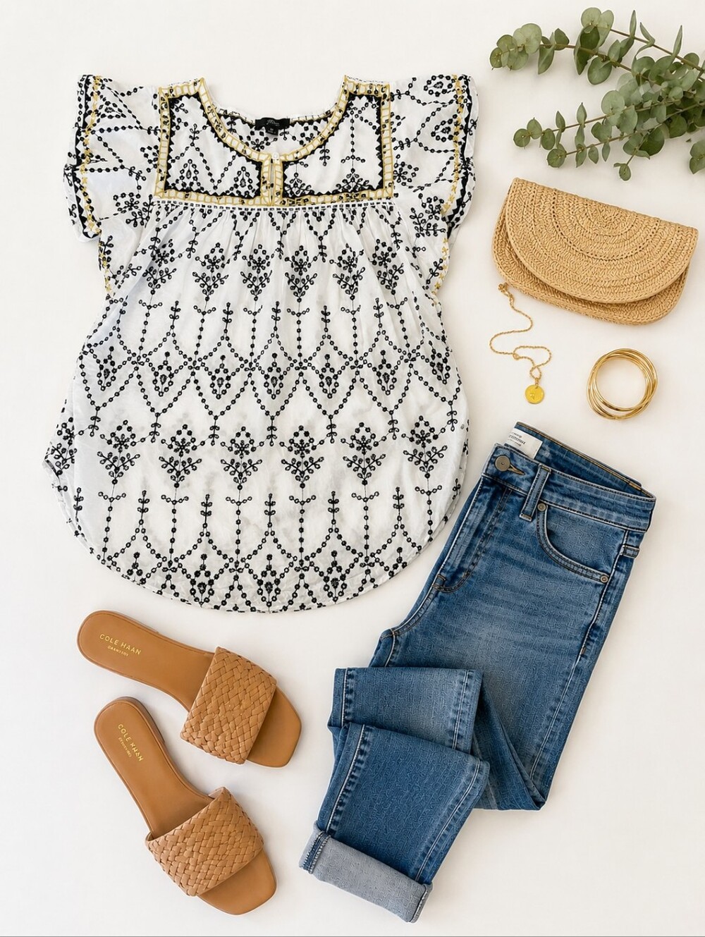 100% Cotton J.Crew White Blouse with Navy Embroidery and Gold Accent